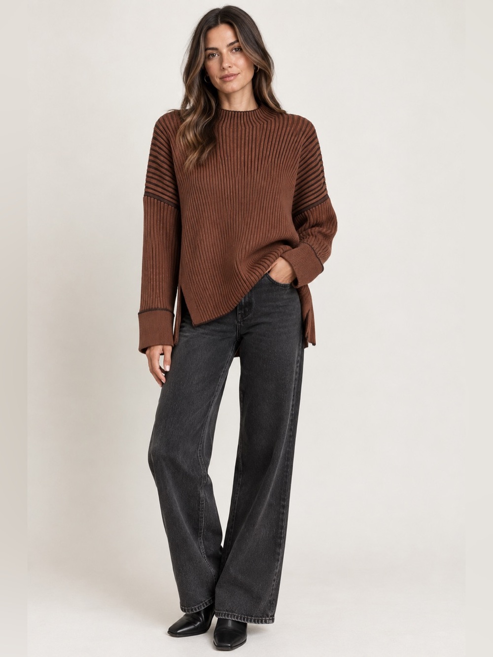 Varley Emile Rib Knit Sweater Women L Rahi Brown Oversized Mock Neck NWT